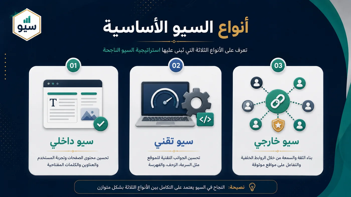 الأنواع الأساسية للسيو: الداخلي والتقني والخارجي